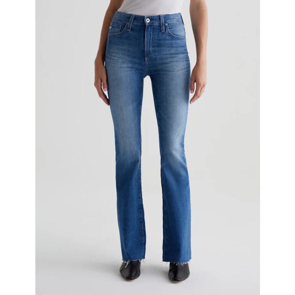 FLAWED AG Denim Farrah Boot Cut High Rise Jean Medium Wash Raw Hem Casual
